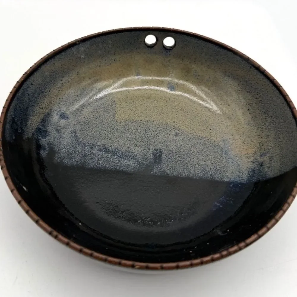 Vintage Japanese Ramen Bowls Chopstick Holes Blue Glaze 6